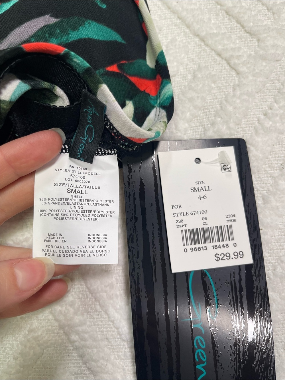 Aqua Green Black Tropical Print Swim Top with Green & Red - Picture 2 of 12